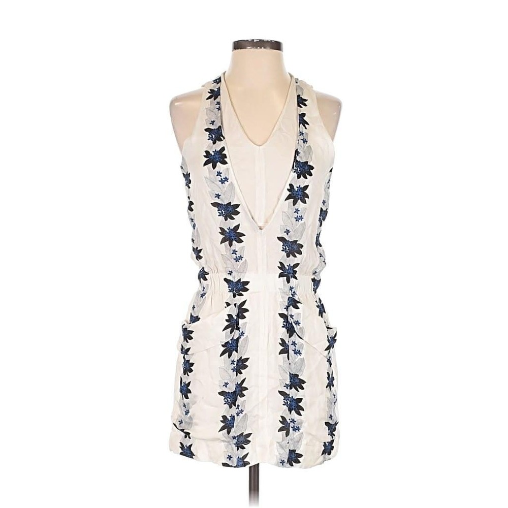 A.L.C. White Navy Floral 100% Silk Sleeveless V-Neck Cocktail Dress Size 0 Airy